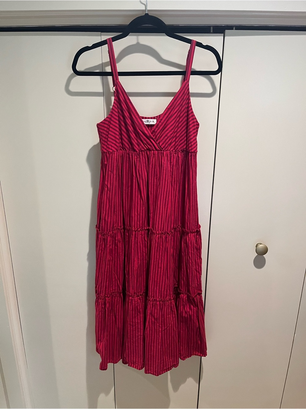 Striped Tiered Midi Dress in Berry Pink